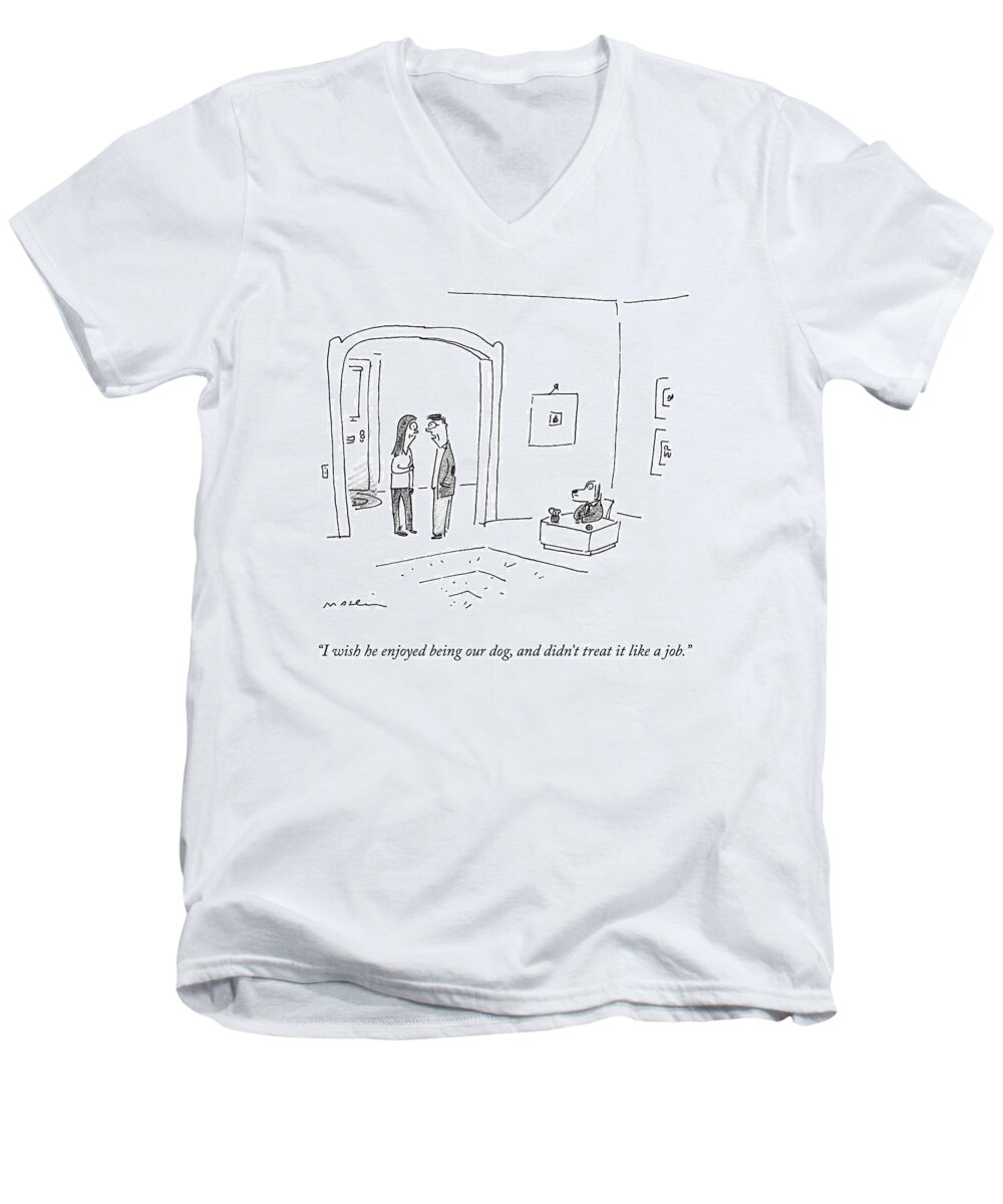 i Wish He Enjoyed Being Our Dog Men's V-Neck T-Shirt featuring the drawing Being Our Dog by Michael Maslin