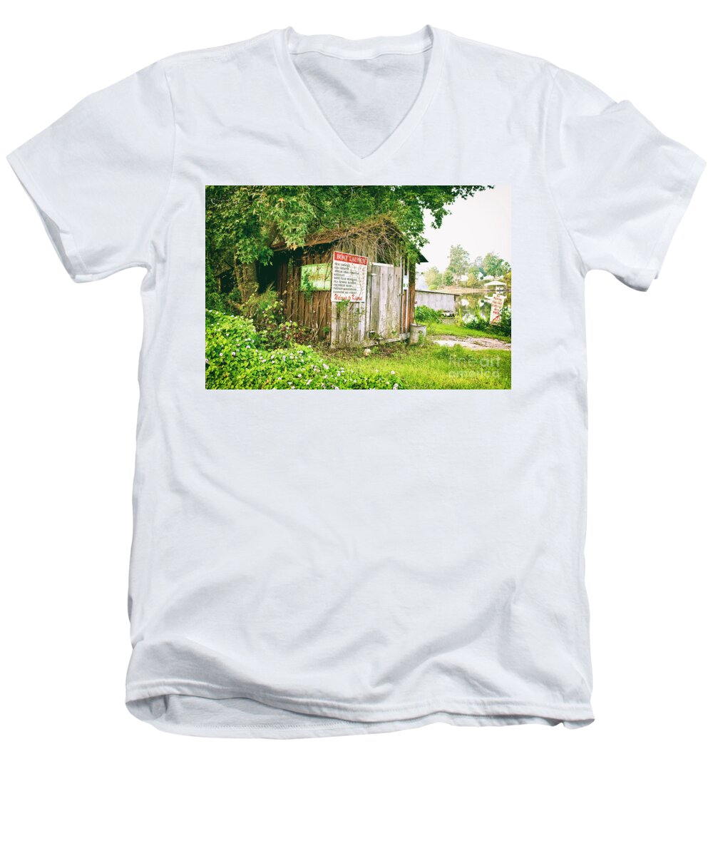 Outhouse Men's V-Neck T-Shirt featuring the photograph Boat Launch Outhouse by Scott Pellegrin