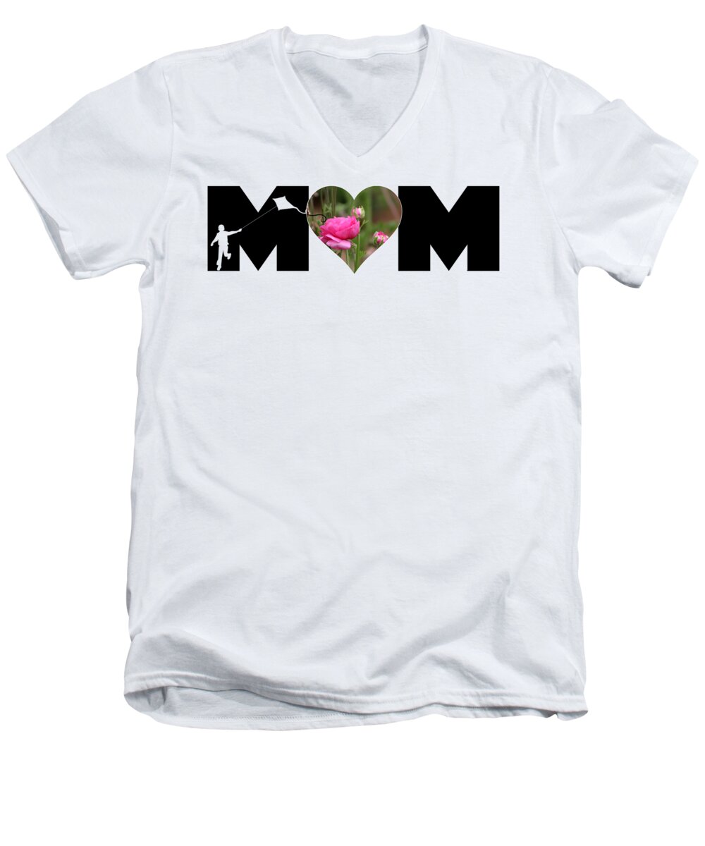 Mom Men's V-Neck T-Shirt featuring the photograph Boy Silhouette and Pink Ranunculus in Heart MOM Big Letter by Colleen Cornelius