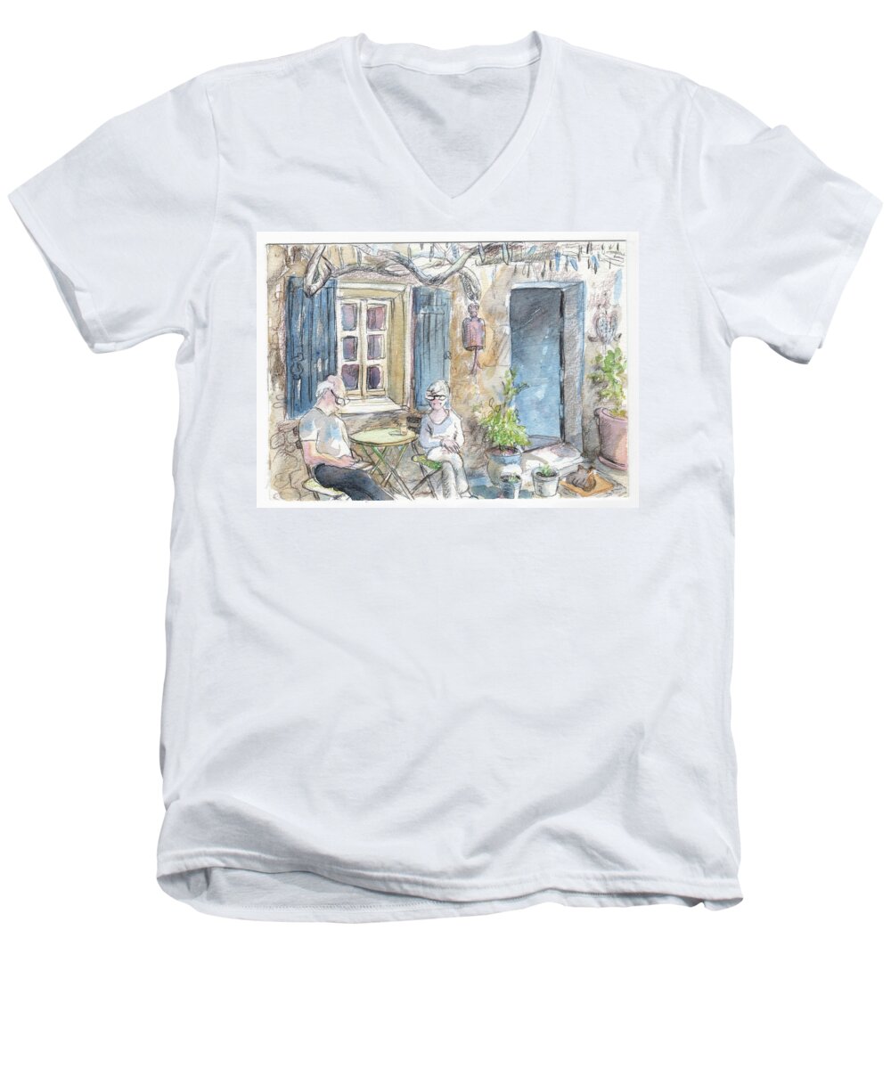 House Men's V-Neck T-Shirt featuring the painting Breakfast al fresco by Tilly Strauss