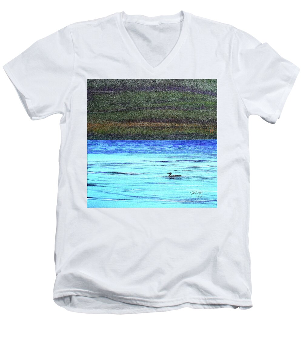 Moorhead Lake Men's V-Neck T-Shirt featuring the painting Call of the Loon by Paul Gaj