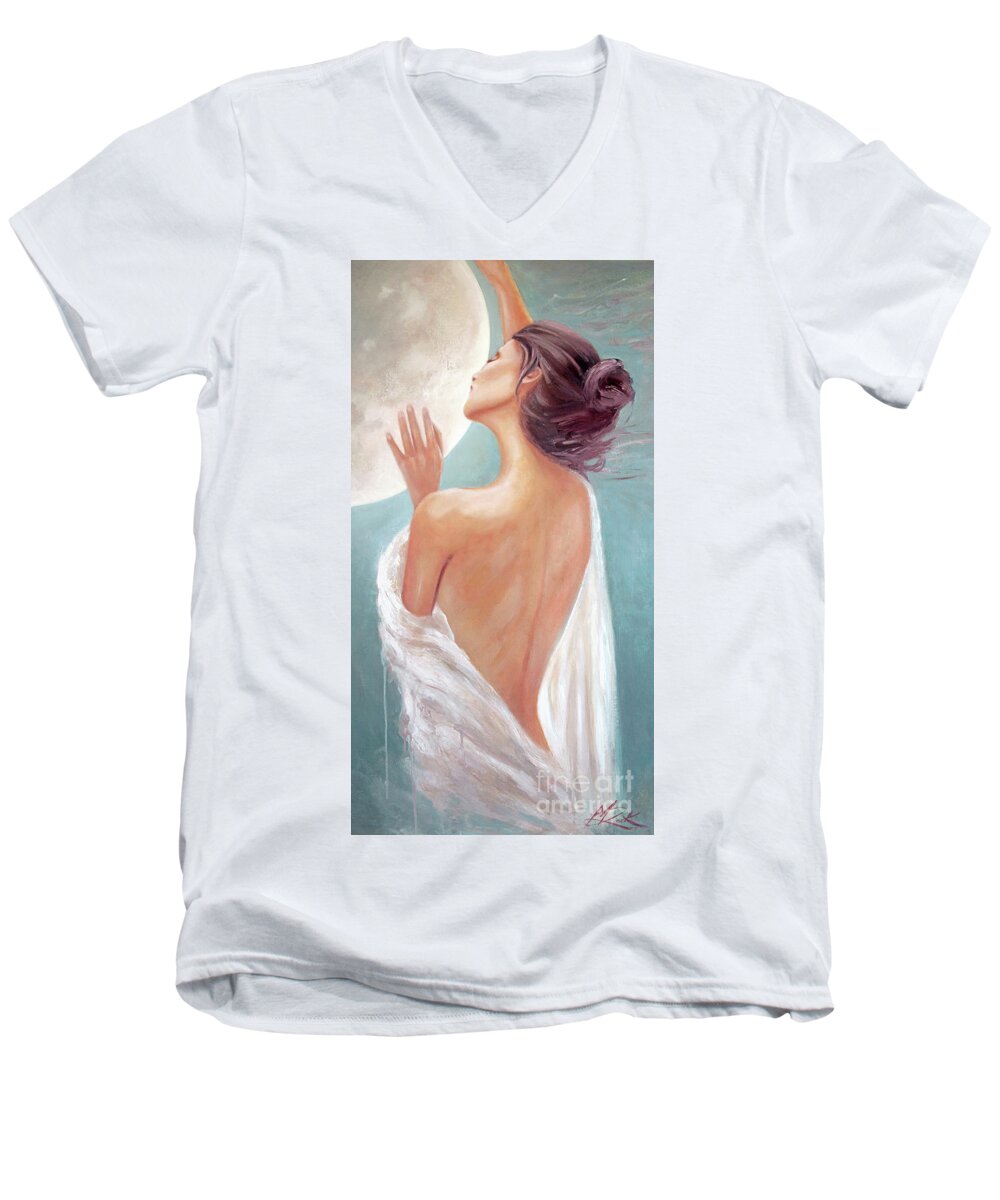 Celestial Moon Goddess Men's V-Neck T-Shirt featuring the painting Celestial Moon Goddess by Michael Rock