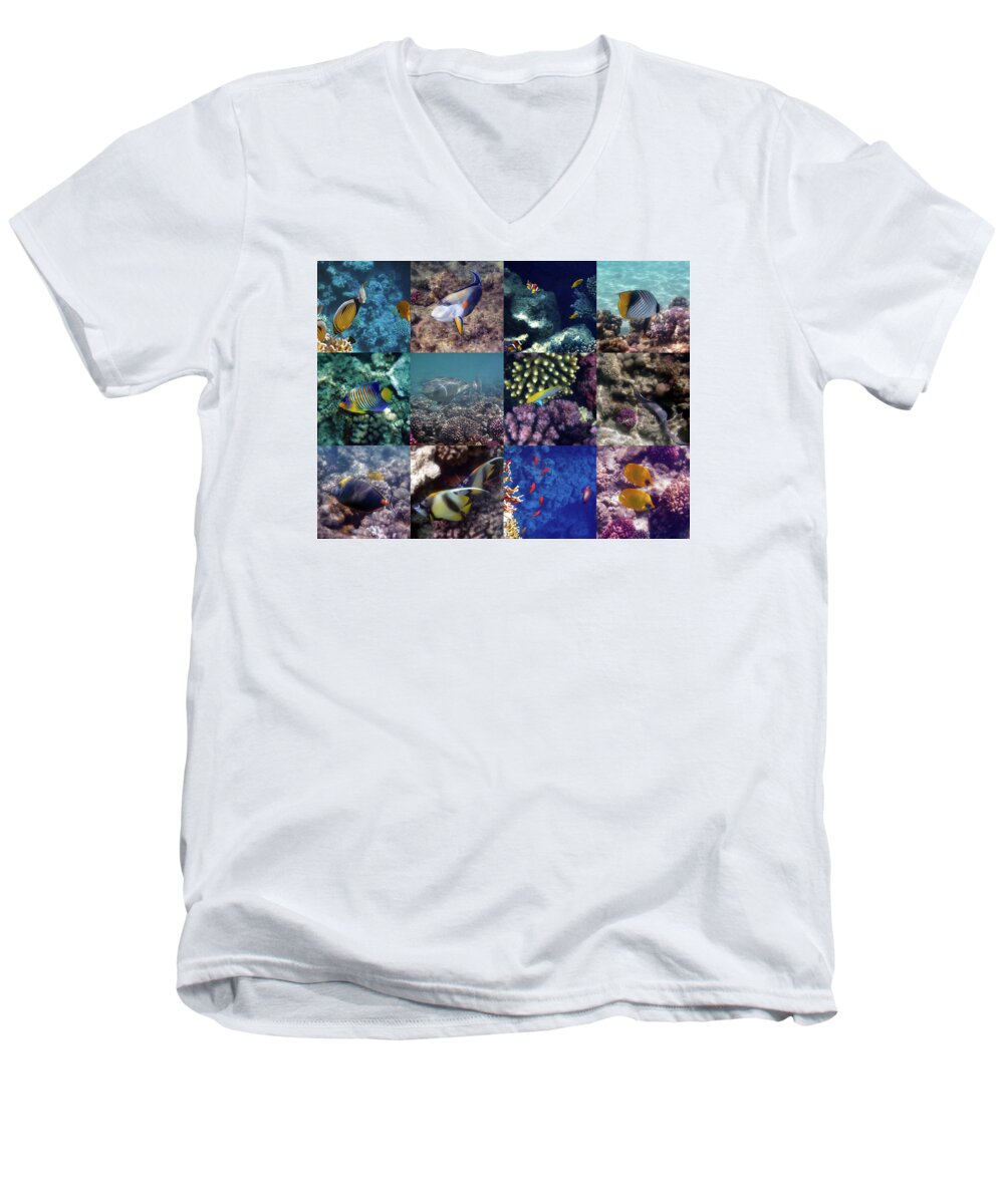 Colorful Men's V-Neck T-Shirt featuring the photograph Colorful And Exotic Red Sea Underwater Collage by Johanna Hurmerinta