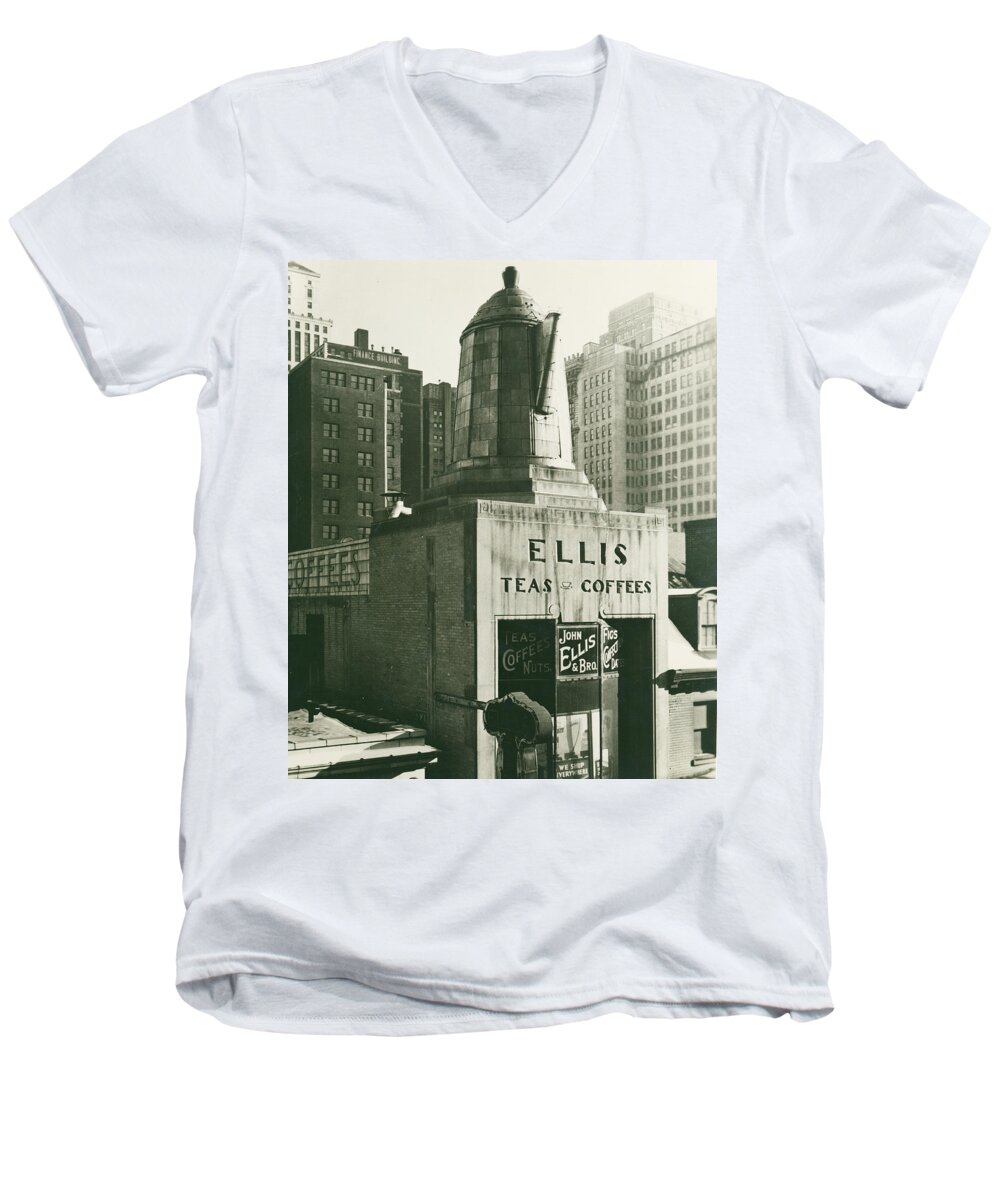 Ellis Teas;and Coffees Men's V-Neck T-Shirt featuring the mixed media Ellis Tea and Coffee Store, 1945 by Jacob Stelman