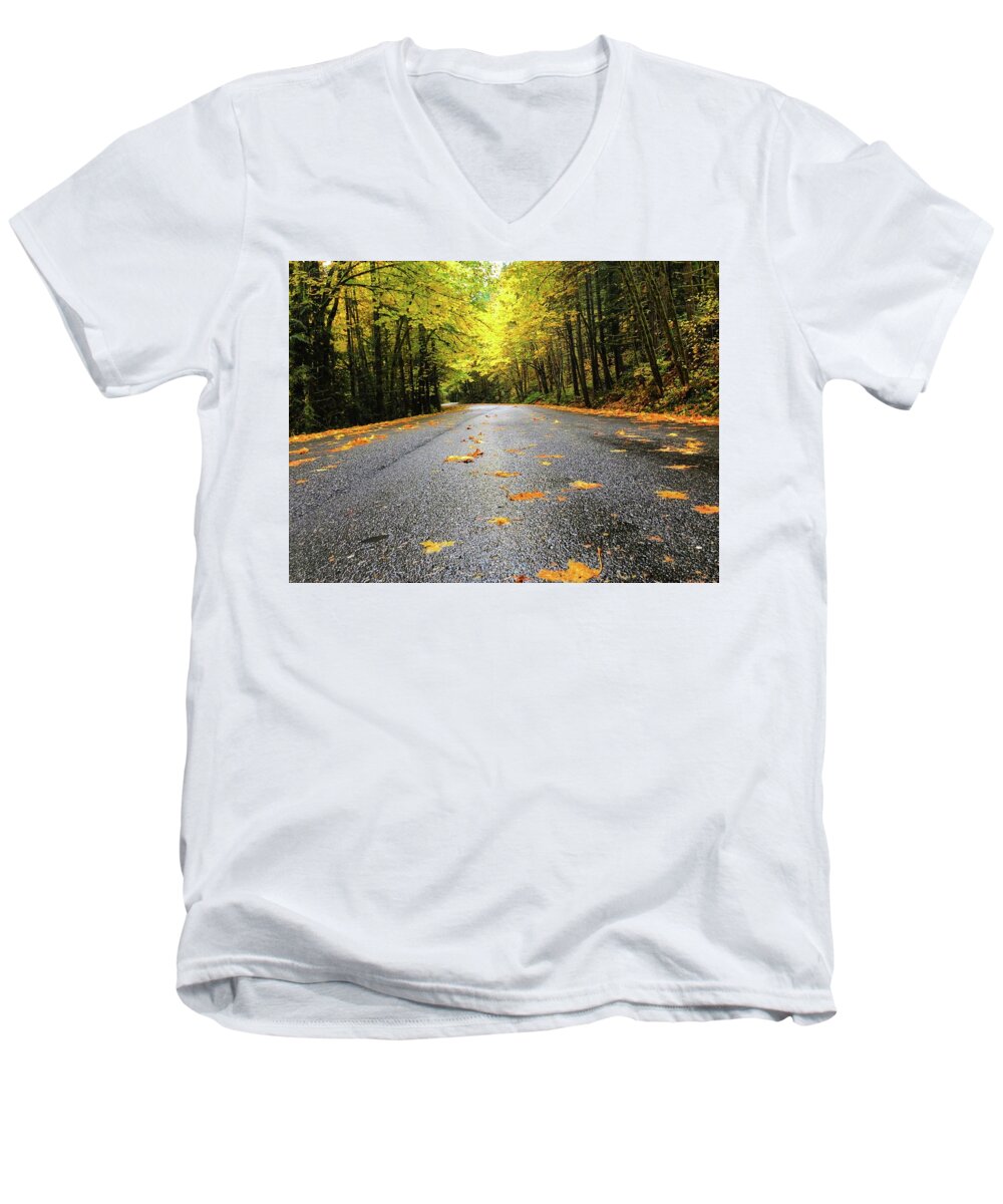 The Bright Yellows On The Fall Drive Were Stunning! Men's V-Neck T-Shirt featuring the photograph Fall Drive by Brian Eberly
