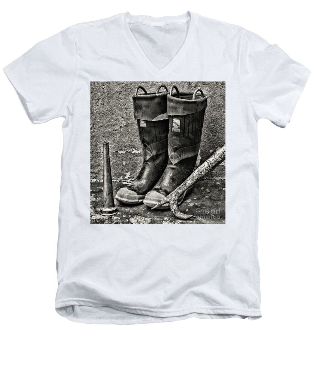 Paul Ward Men's V-Neck T-Shirt featuring the photograph Fireman-After the Fire in black and white by Paul Ward