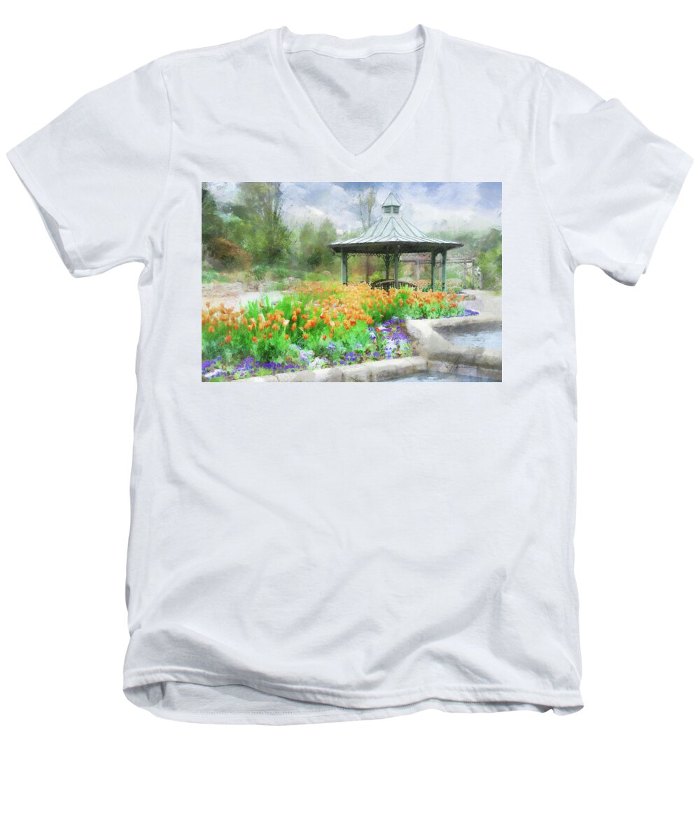 Garden Men's V-Neck T-Shirt featuring the digital art Gazebo with Tulips by Frances Miller