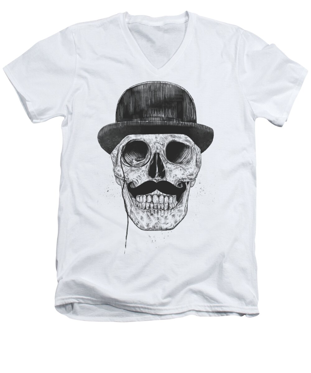Skull Men's V-Neck T-Shirt featuring the drawing Gentlemen never die by Balazs Solti