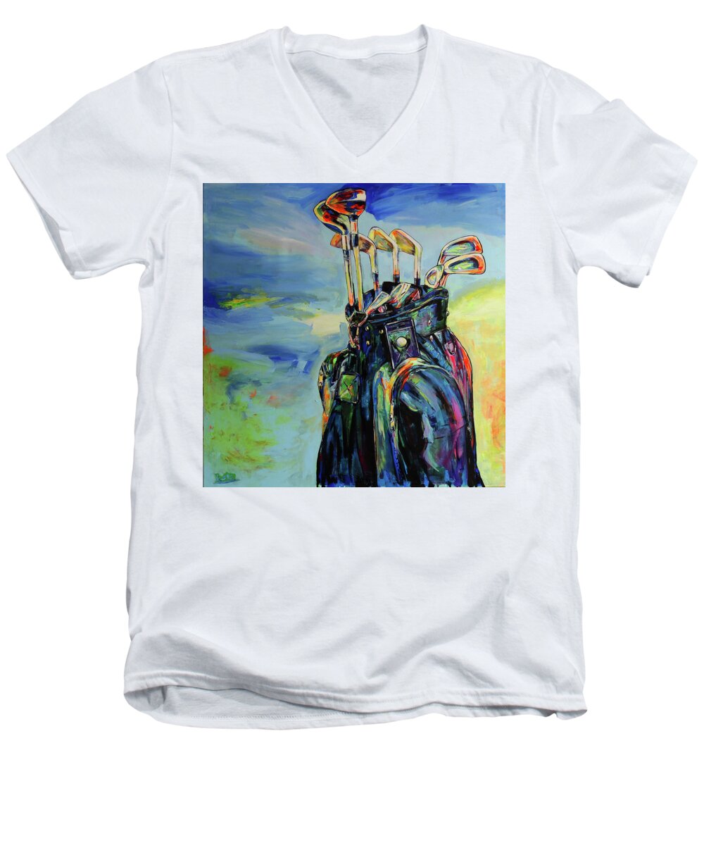 Golf Men's V-Neck T-Shirt featuring the painting Golf bag and clubs by Koro Arandia