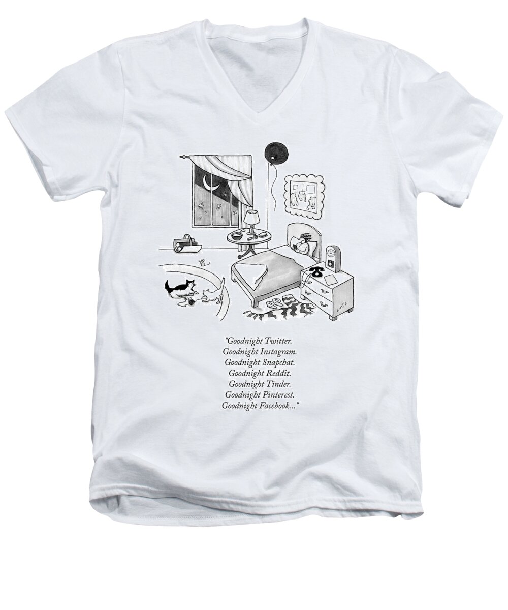 Goodnight Twitter. Goodnight Instagram. Goodnight Snapchat. Goodnight Reddit. Goodnight Tinder. Goodnight Pinterest. Goodnight Facebook...goodnight Moon Men's V-Neck T-Shirt featuring the drawing Goodnight Instagram by Julia Suits