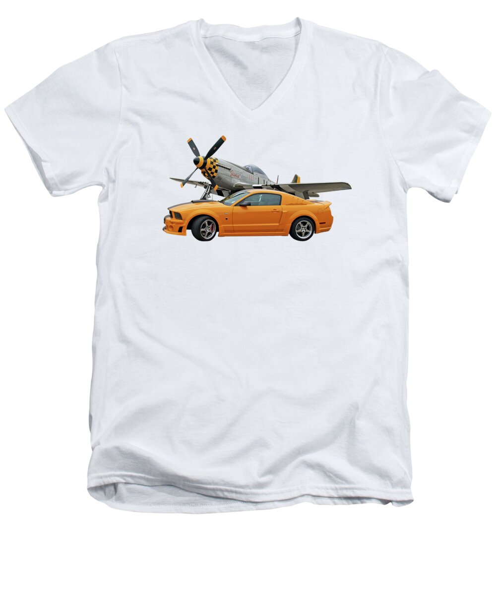Ford Mustang Men's V-Neck T-Shirt featuring the photograph High Flyers - Mustang and P51 by Gill Billington