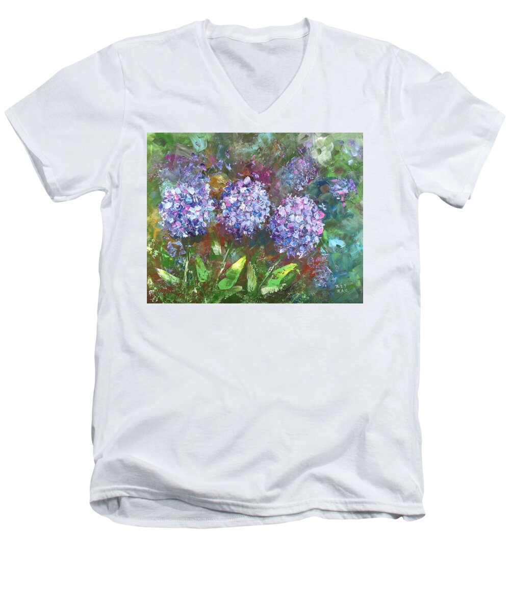  Men's V-Neck T-Shirt featuring the painting Hydrangea 5 by Helian Cornwell