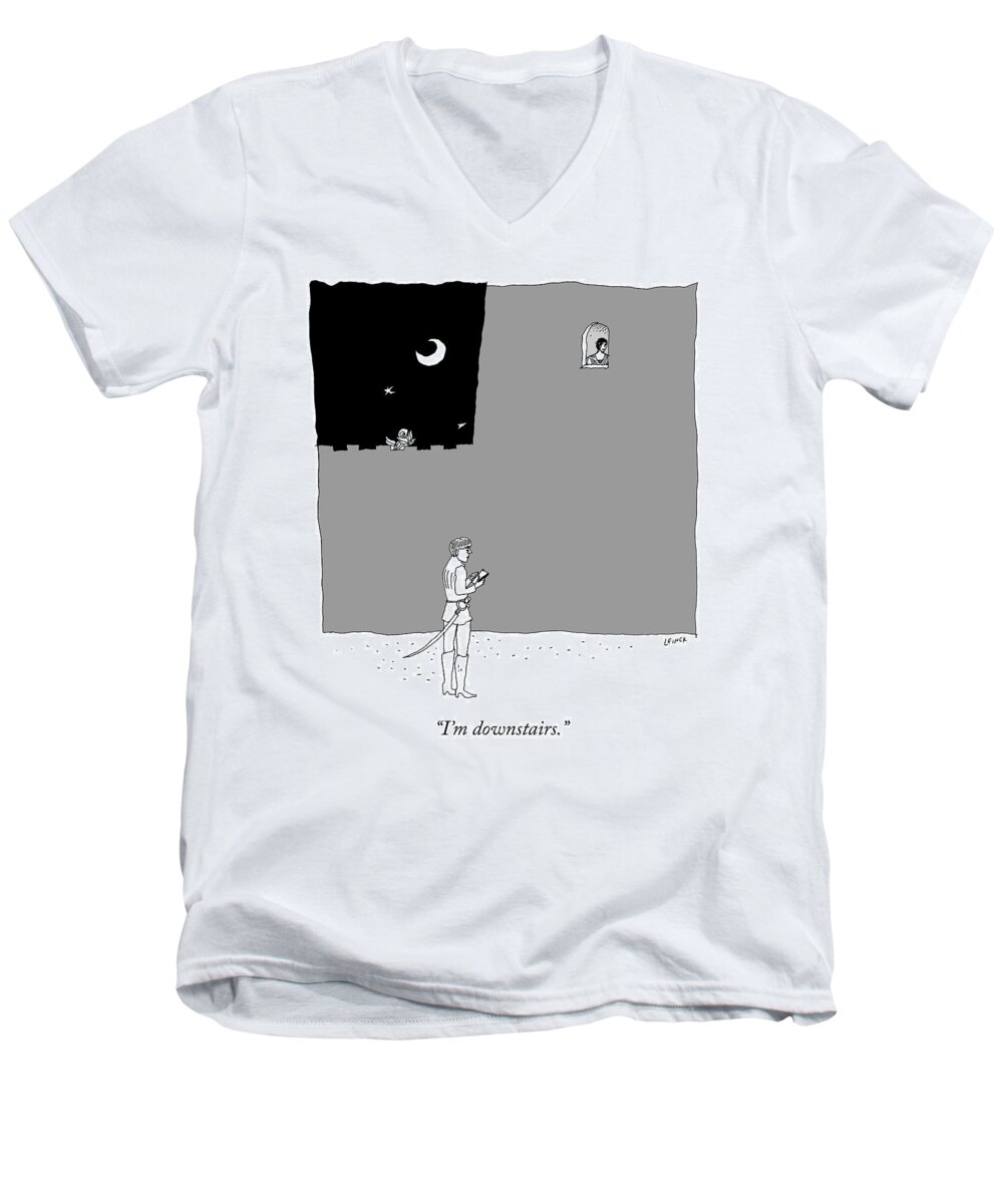 i'm Downstairs. Text Men's V-Neck T-Shirt featuring the drawing I'm Downstairs by Liana Finck