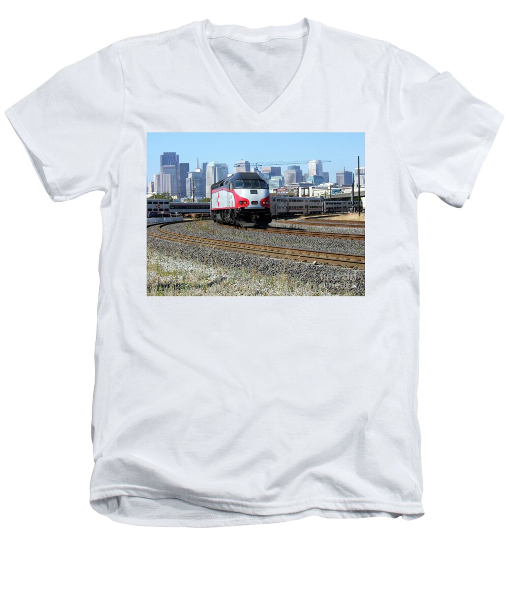 Jpbx 923 Men's V-Neck T-Shirt featuring the photograph JPBX 923, Baby Bullet Train with SF Skyline, CalTrain by Wernher Krutein