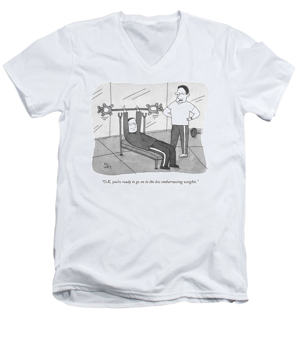 okay Men's V-Neck T-Shirt featuring the drawing Less Embarrassing Weights by Peter C Vey