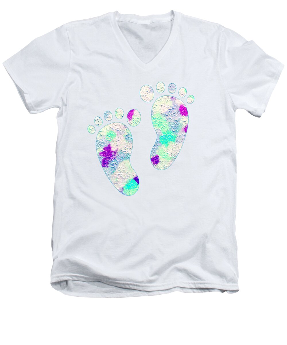 Feet Men's V-Neck T-Shirt featuring the mixed media Little Feet Prints for Kids in Pinks and Blues by Rachel Hannah