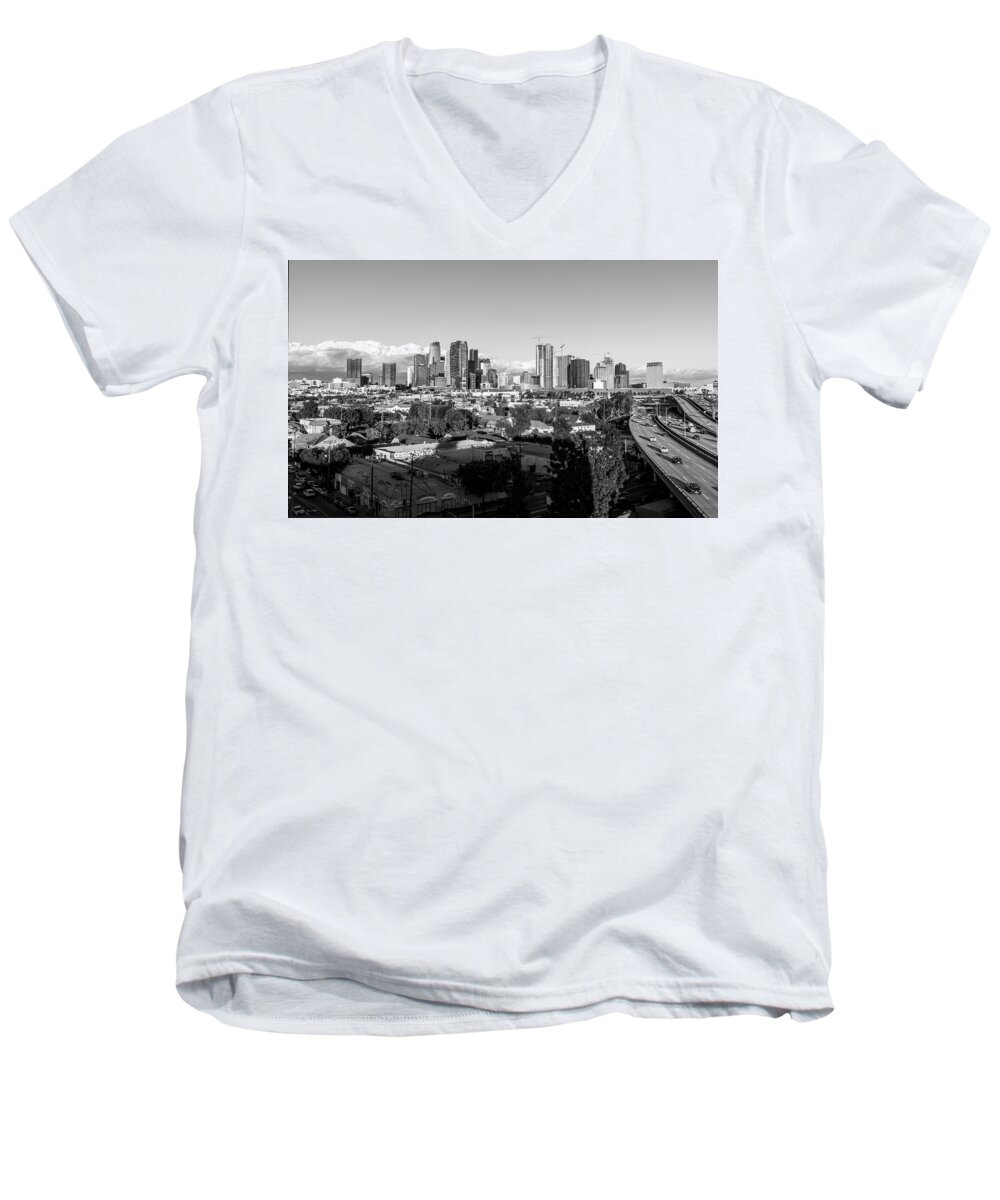 Los Angeles Skyline Men's V-Neck T-Shirt featuring the photograph Los Angeles Skyline Looking East 2.9.19 - Black And White by Gene Parks