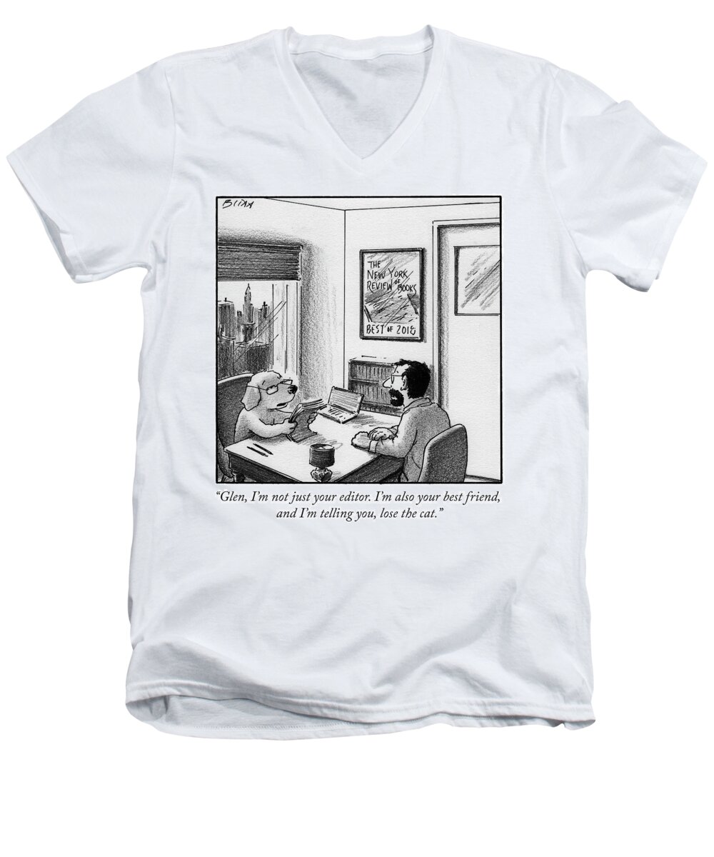 “glen Men's V-Neck T-Shirt featuring the drawing Lose the cat by Harry Bliss