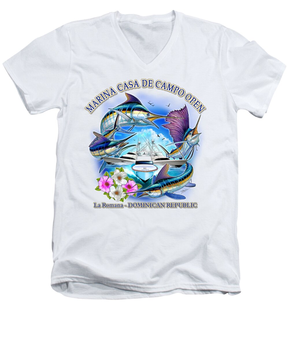 Blue Marlin Men's V-Neck T-Shirt featuring the digital art Marina Casa De Campo Open Art by Terry Fox