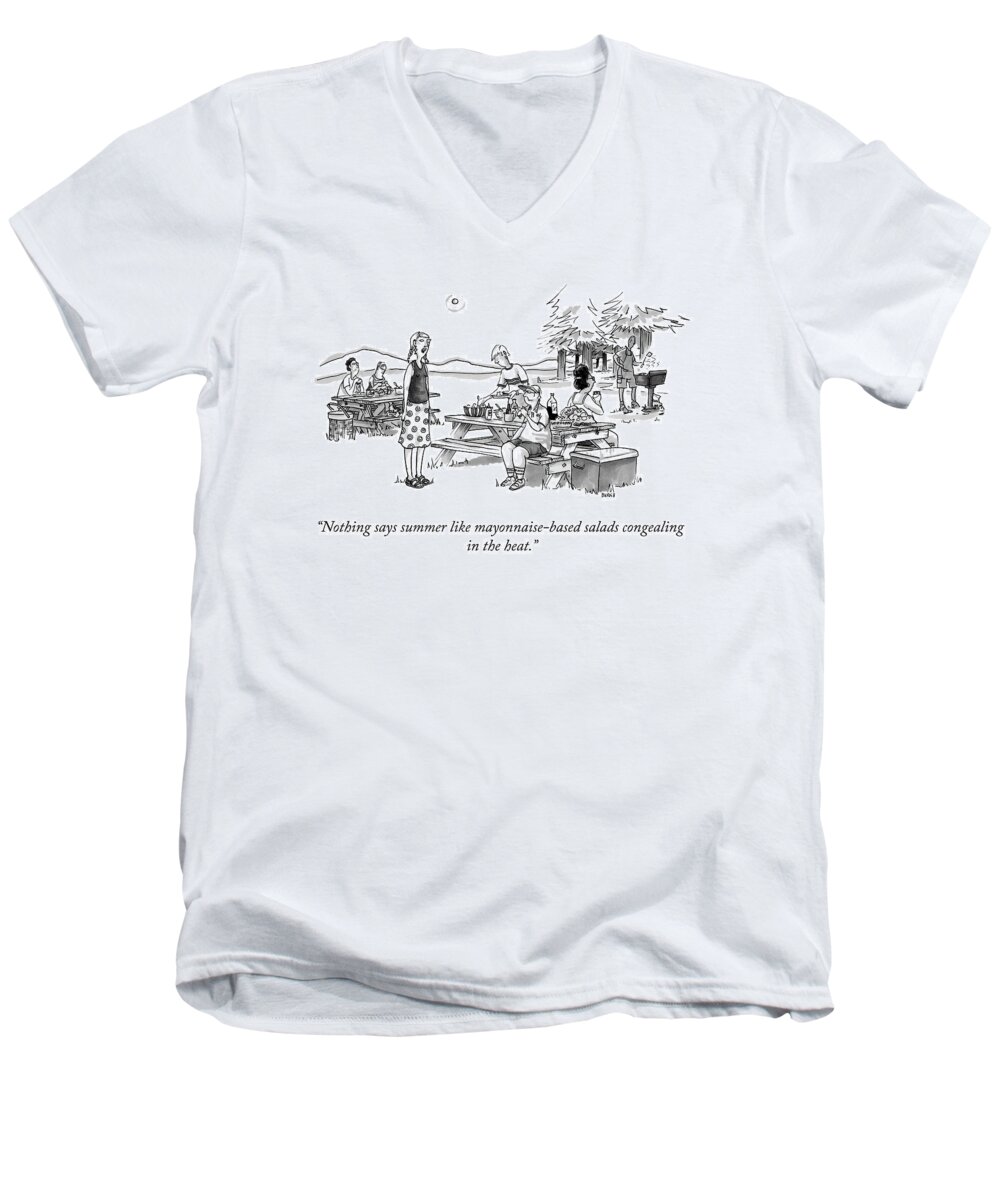 nothing Says Summer Like Mayonnaise-based Salads Congealing In The Heat. Summer Men's V-Neck T-Shirt featuring the drawing Mayonnaise-Based Salads by Teresa Burns Parkhurst