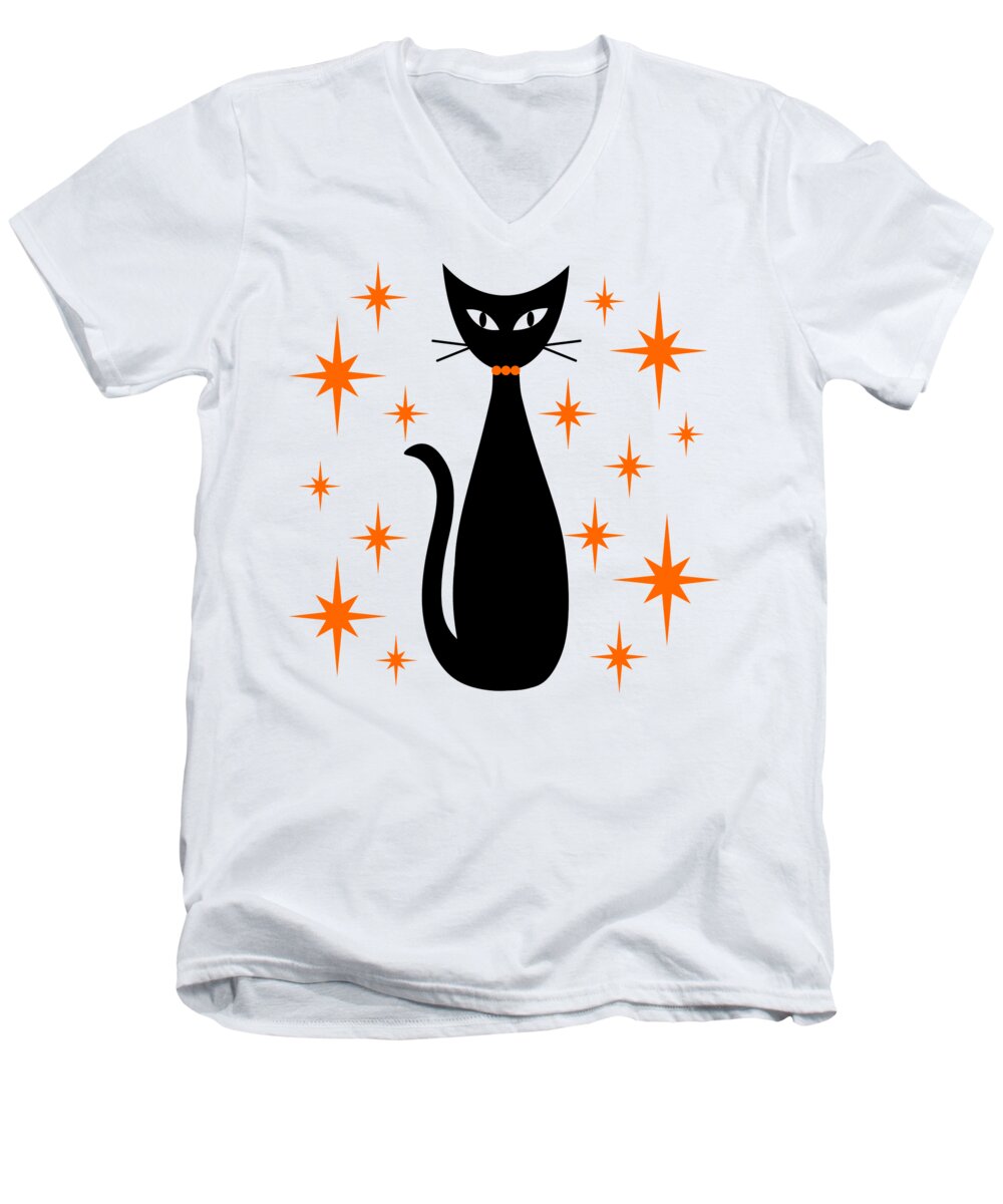 Mid Century Modern Men's V-Neck T-Shirt featuring the digital art Mid Century Cat with Orange Starbursts by Donna Mibus