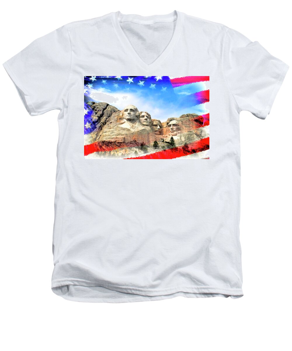 David Lawson Photography Men's V-Neck T-Shirt featuring the photograph Mt Rushmore Flag Frame by David Lawson