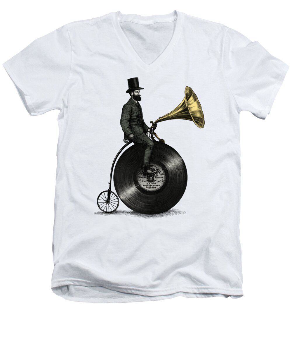 Music Vintage Vinyl Record Victorian Top Hat Gramophone Victrola Nostalgic Cycling Penny Farthing Moustache Men's V-Neck T-Shirt featuring the drawing Music Man by Eric Fan