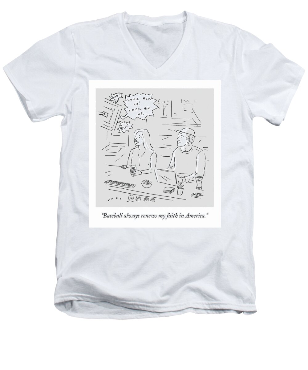 Baseball Always Renews My Faith In America. Men's V-Neck T-Shirt featuring the drawing My Faith in America by Kim Warp