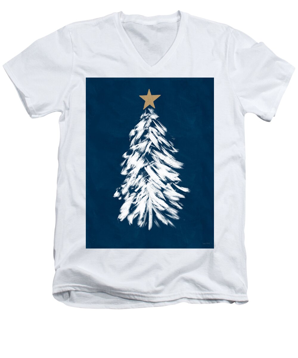#faaAdWordsBest Men's V-Neck T-Shirt featuring the mixed media Navy and White Christmas Tree 3- Art by Linda Woods by Linda Woods