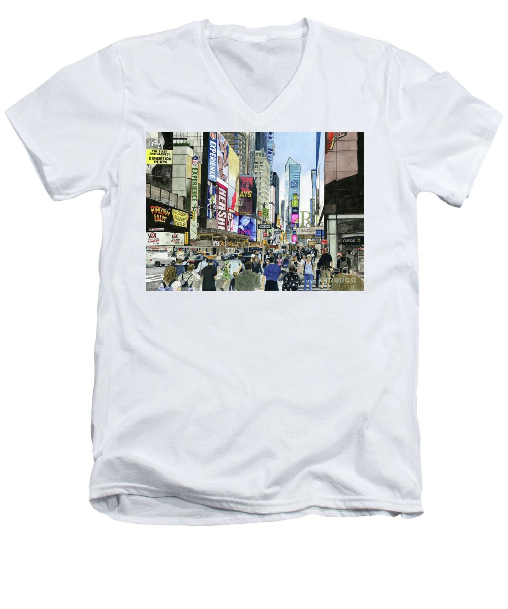 Evening Rush Hour In Times Square With People Men's V-Neck T-Shirt featuring the painting Oneway by Monte Toon