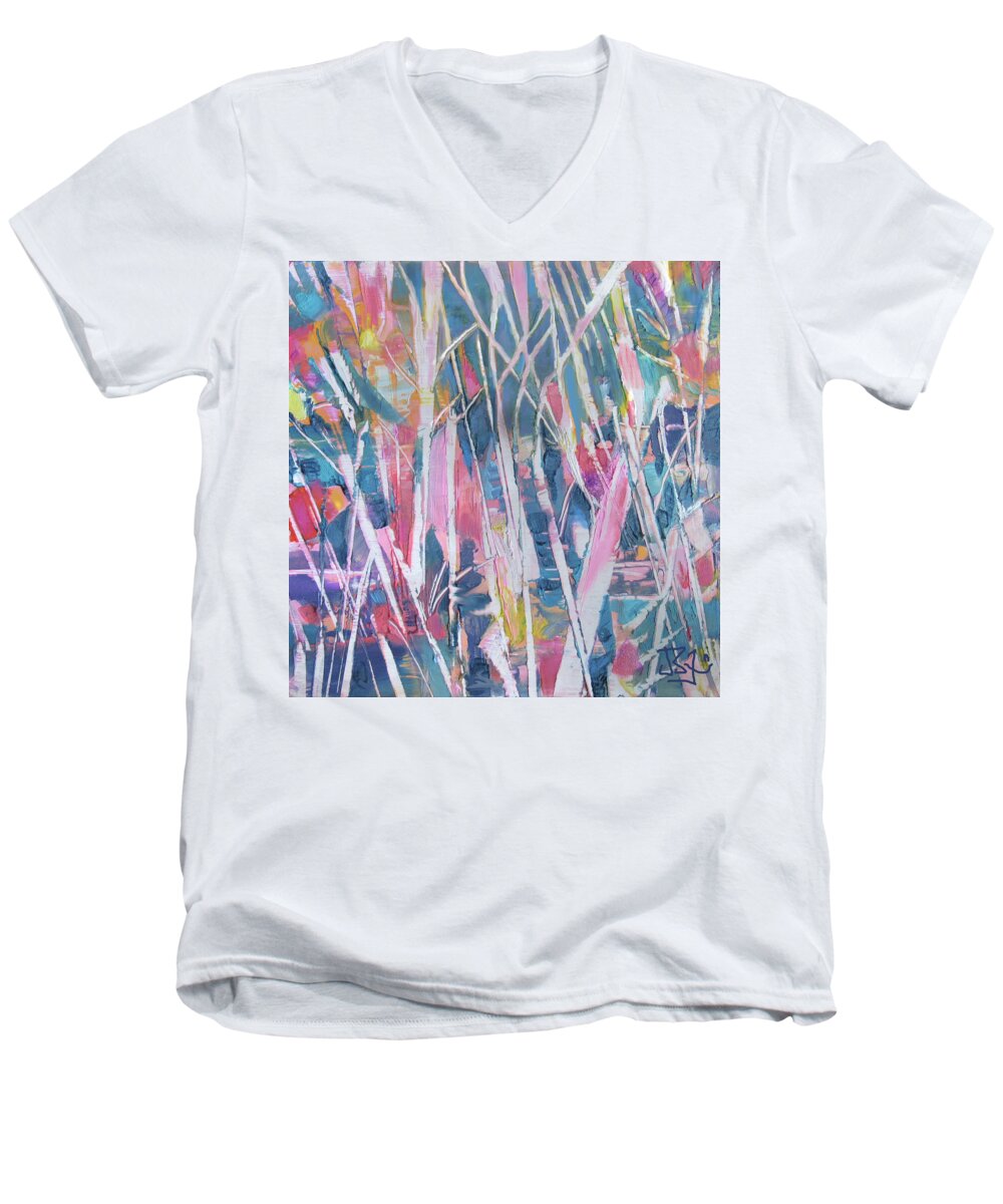 Abstract Men's V-Neck T-Shirt featuring the painting Pastel Forest by Jean Batzell Fitzgerald