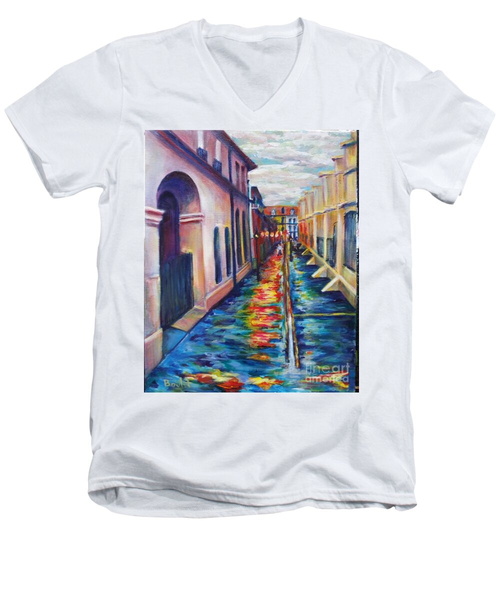 New Orleans Men's V-Neck T-Shirt featuring the painting Rainy Pirate Alley by Beverly Boulet