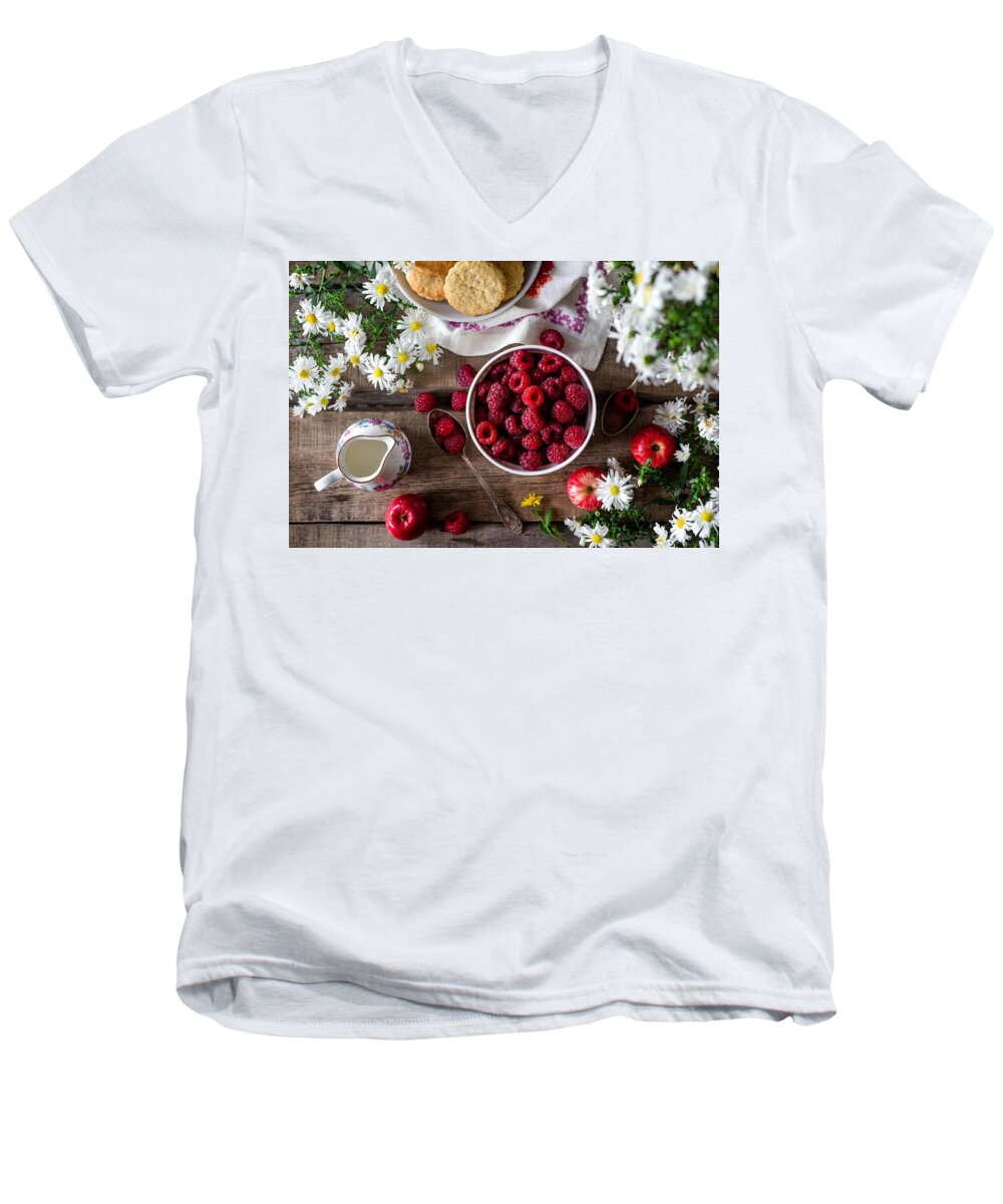 Photo Men's V-Neck T-Shirt featuring the photograph Raspberry breakfast by Top Wallpapers
