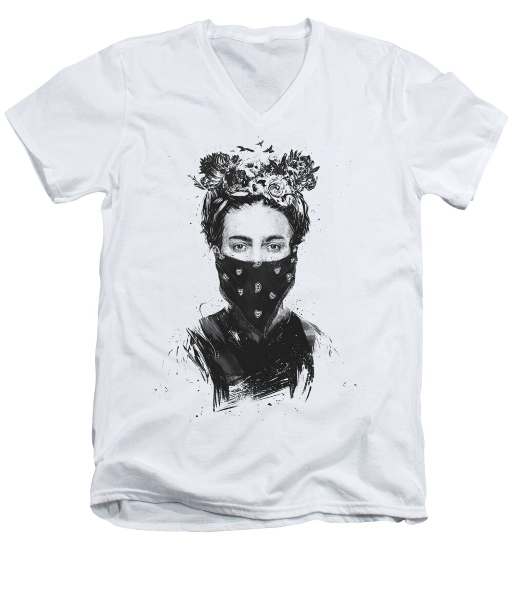 Girl Men's V-Neck T-Shirt featuring the drawing Rebel girl by Balazs Solti