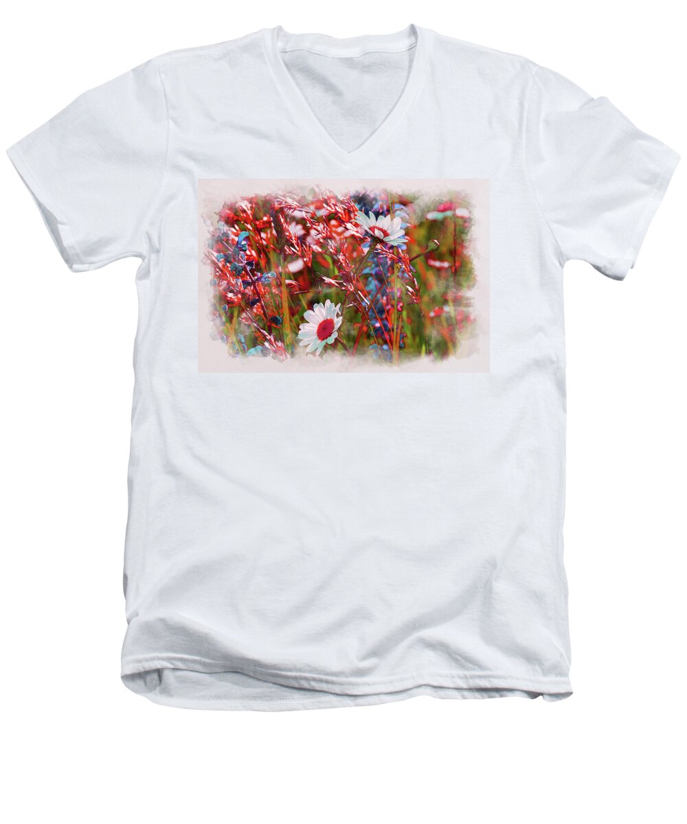 Red Wildflowers Men's V-Neck T-Shirt featuring the digital art Red Motives by Alex Mir