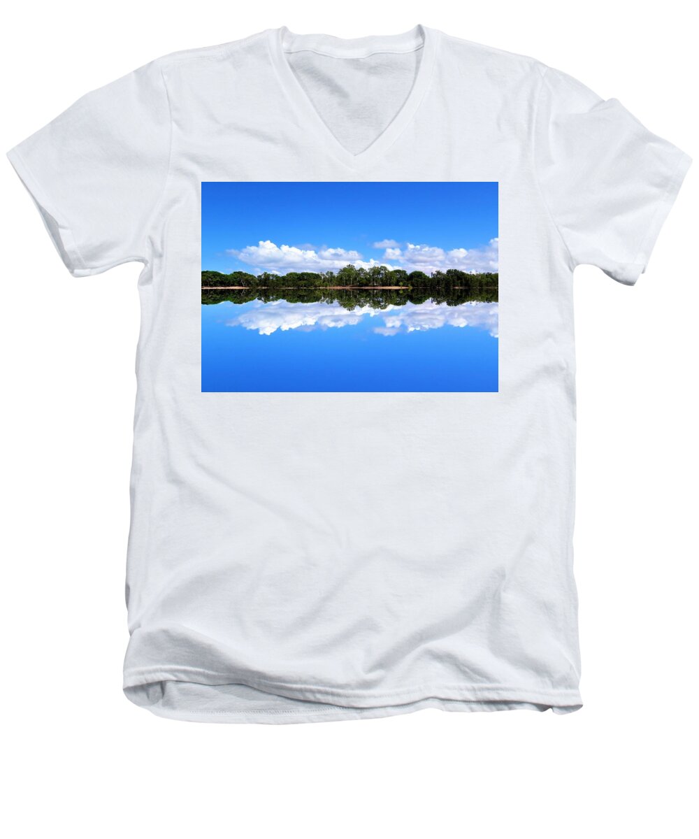 Water View Men's V-Neck T-Shirt featuring the photograph Reflective Lake Patricia by Joan Stratton
