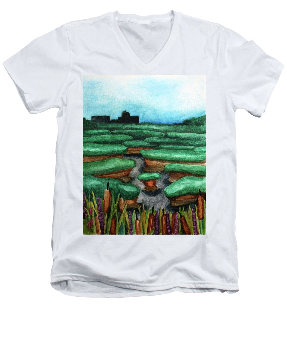 Nature Men's V-Neck T-Shirt featuring the painting Saltwater Marshes by Robert Morin