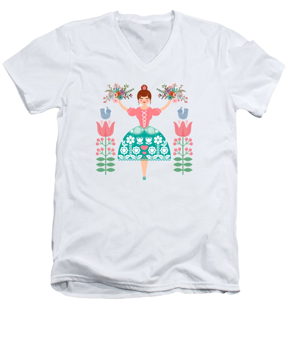 A Beautiful Day Even More Lovely By Big Bouquets Of Flowers! Our Pretty Flower Princess Proudly Presents The Best Of Her Blooms. Men's V-Neck T-Shirt featuring the painting Scandinavian Flower Princess by Little Bunny Sunshine