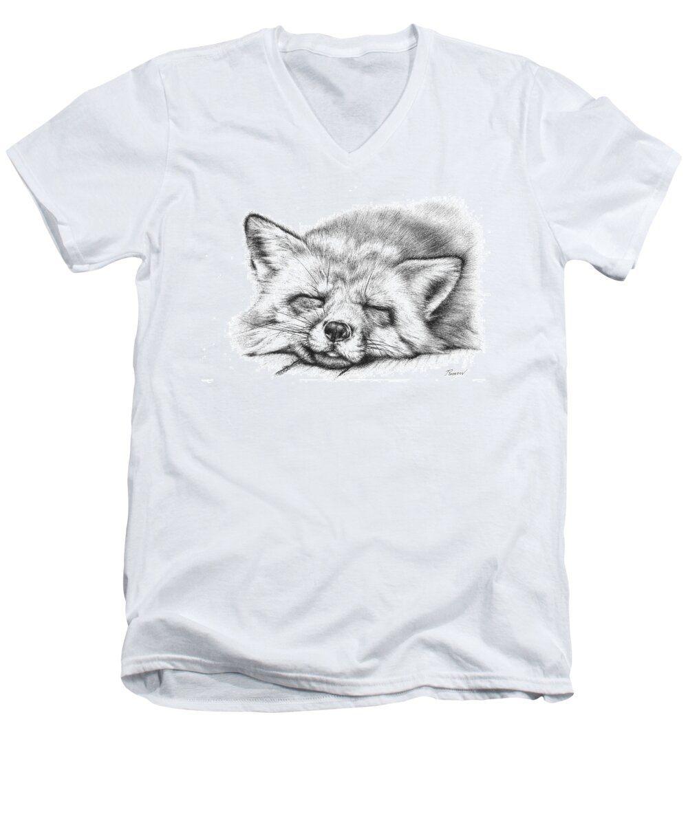 Fox Men's V-Neck T-Shirt featuring the drawing Sleepy Fox by Casey 'Remrov' Vormer