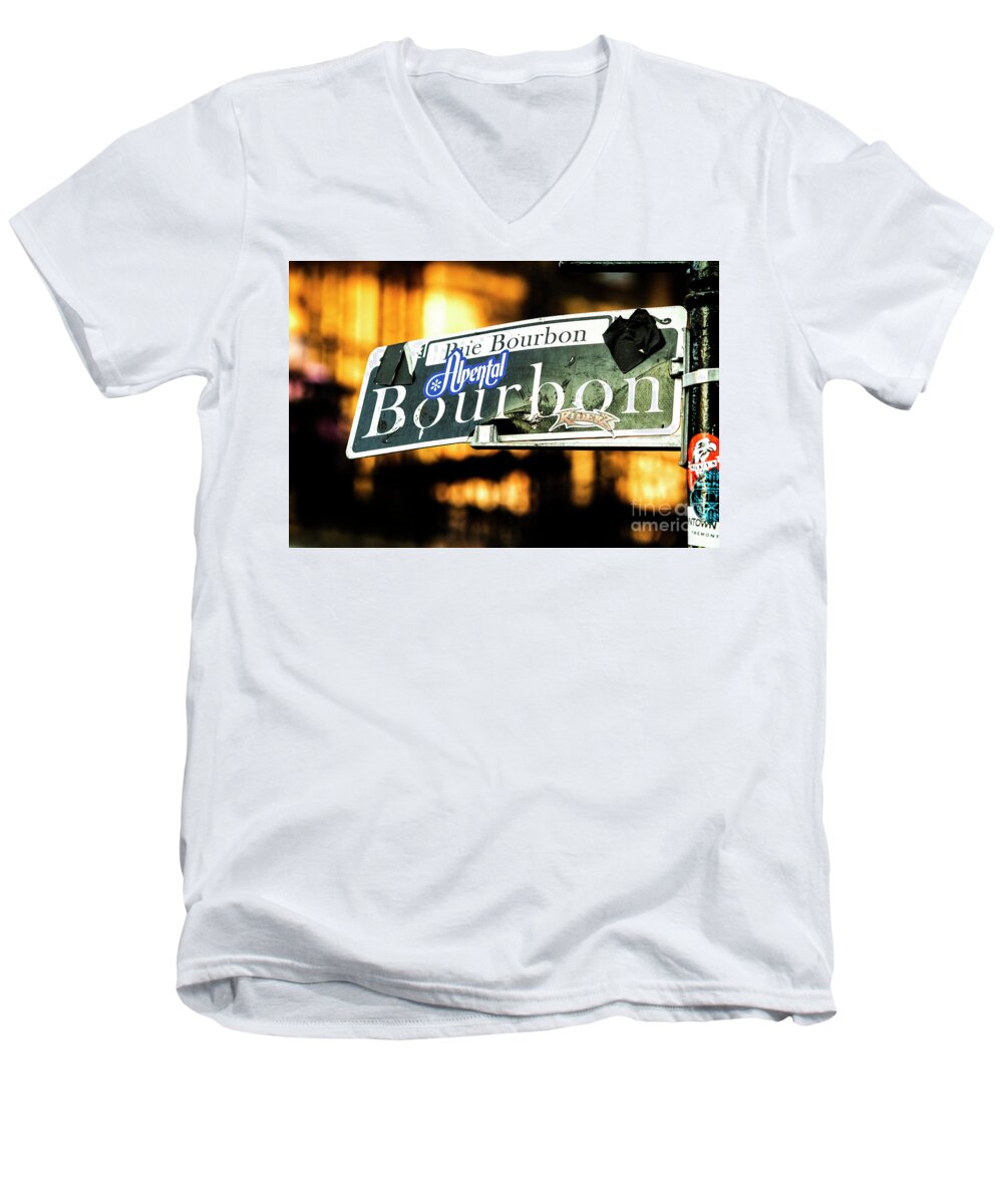 Photo Men's V-Neck T-Shirt featuring the photograph Stickers of Bourbon St by Jason Hughes