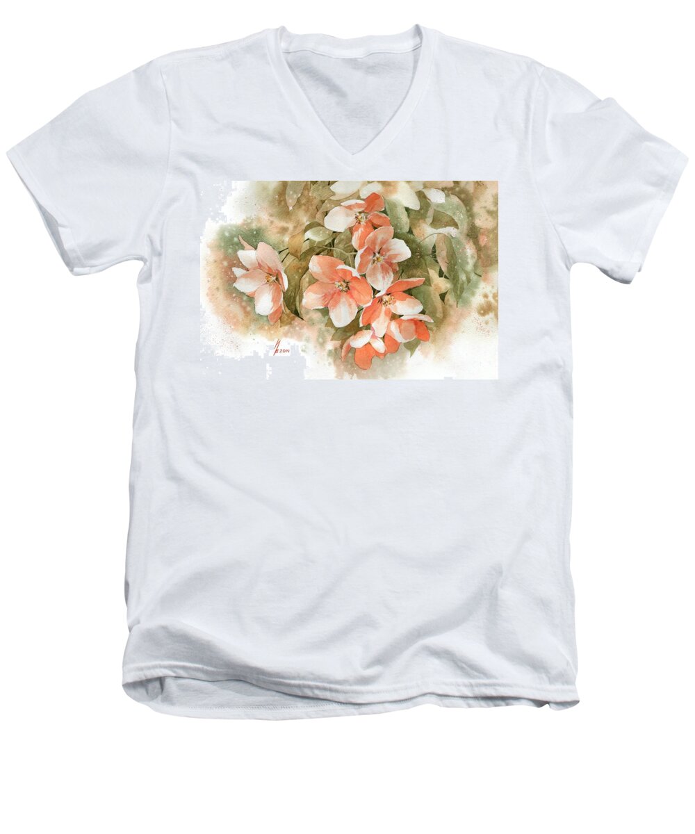 Russian Artists New Wave Men's V-Neck T-Shirt featuring the painting Tender Blossom of Apple Tree by Ina Petrashkevich