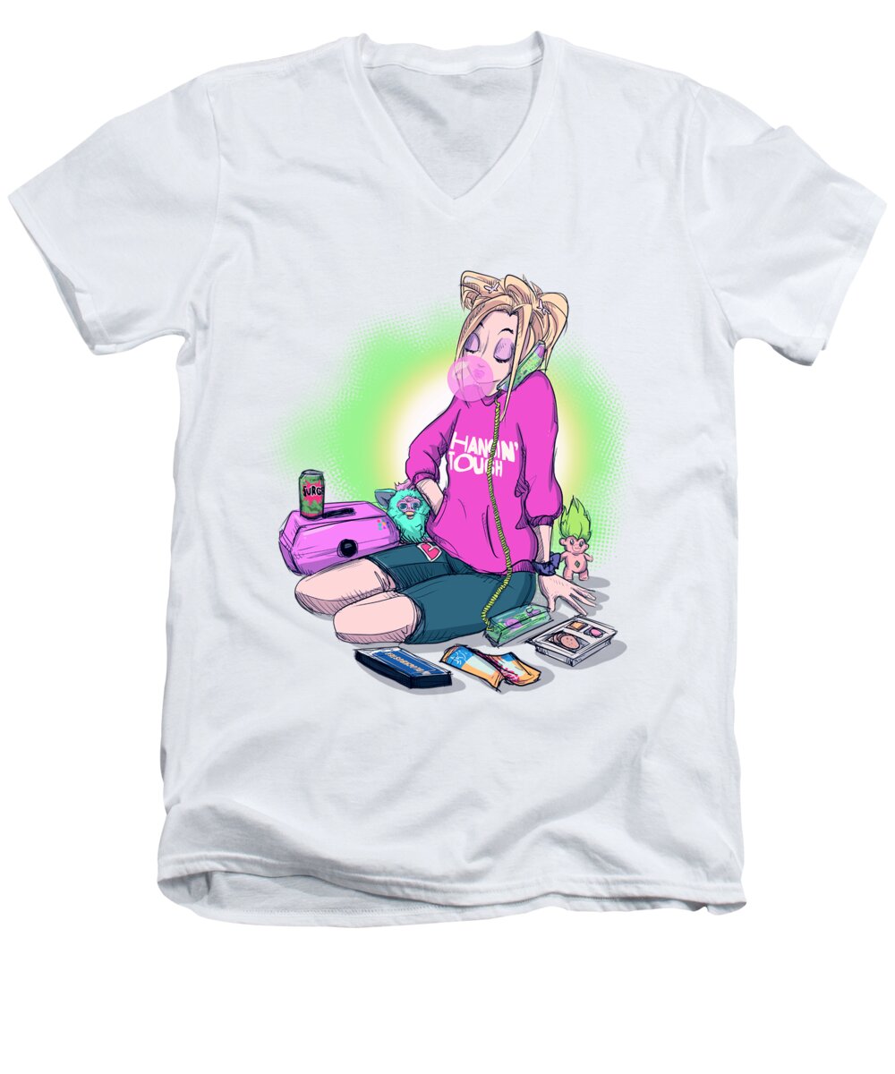 90s Men's V-Neck T-Shirt featuring the drawing TGIF Girl by Ludwig Van Bacon