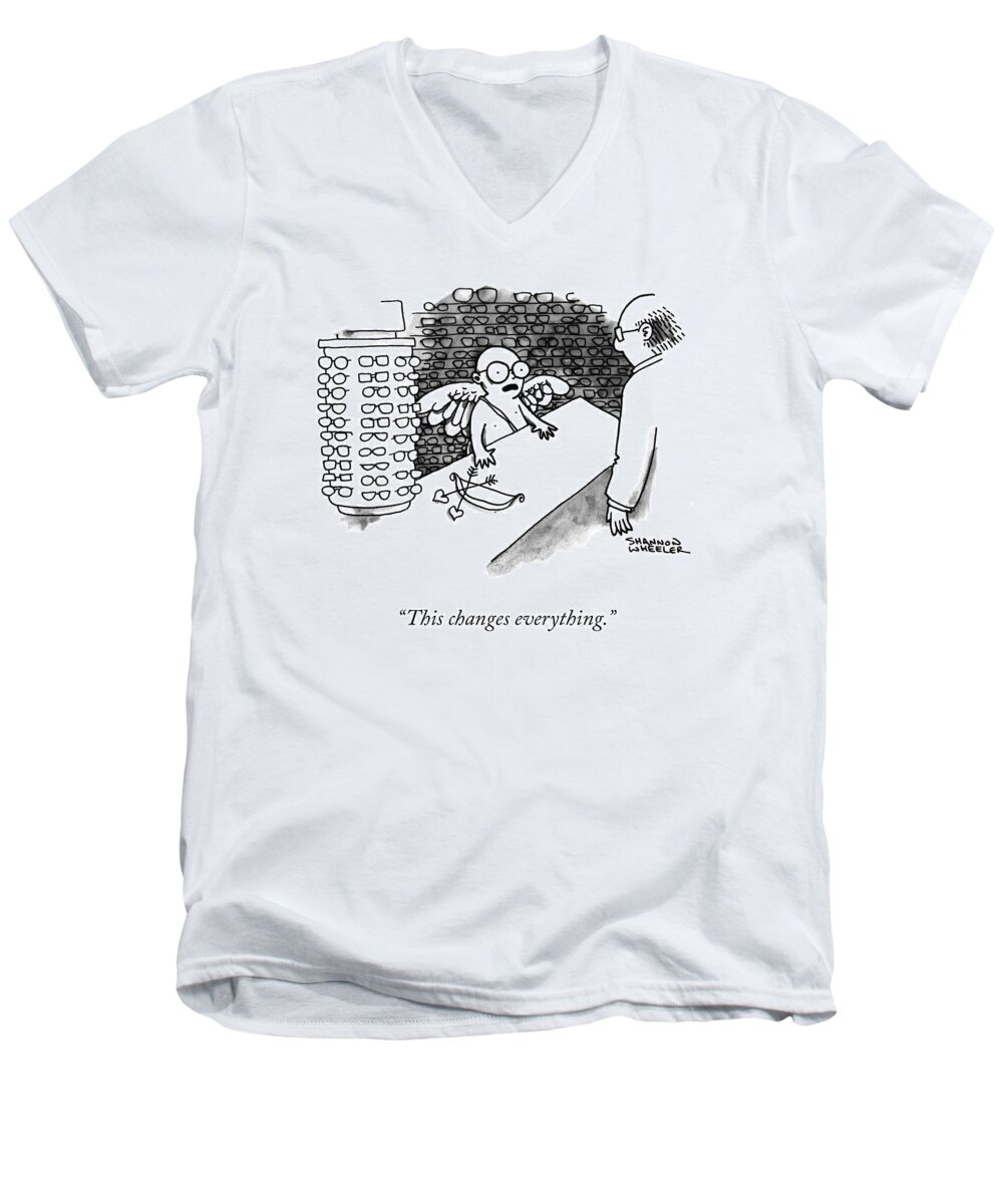 This Changes Everything. Cupid Men's V-Neck T-Shirt featuring the drawing This Changes Everything by Shannon Wheeler