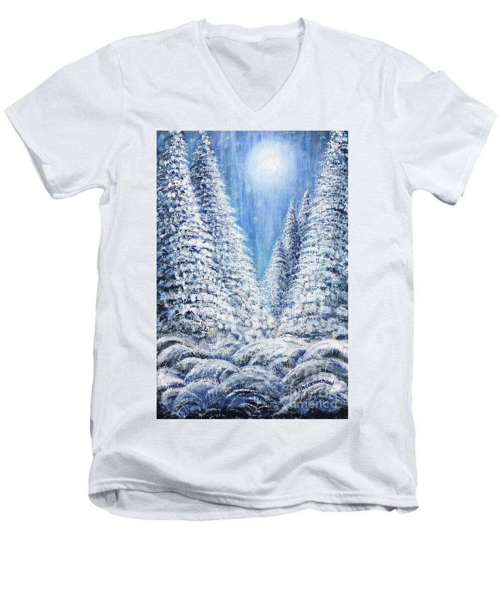Winter Men's V-Neck T-Shirt featuring the painting Tim's Winter Forest 2 by Holly Carmichael