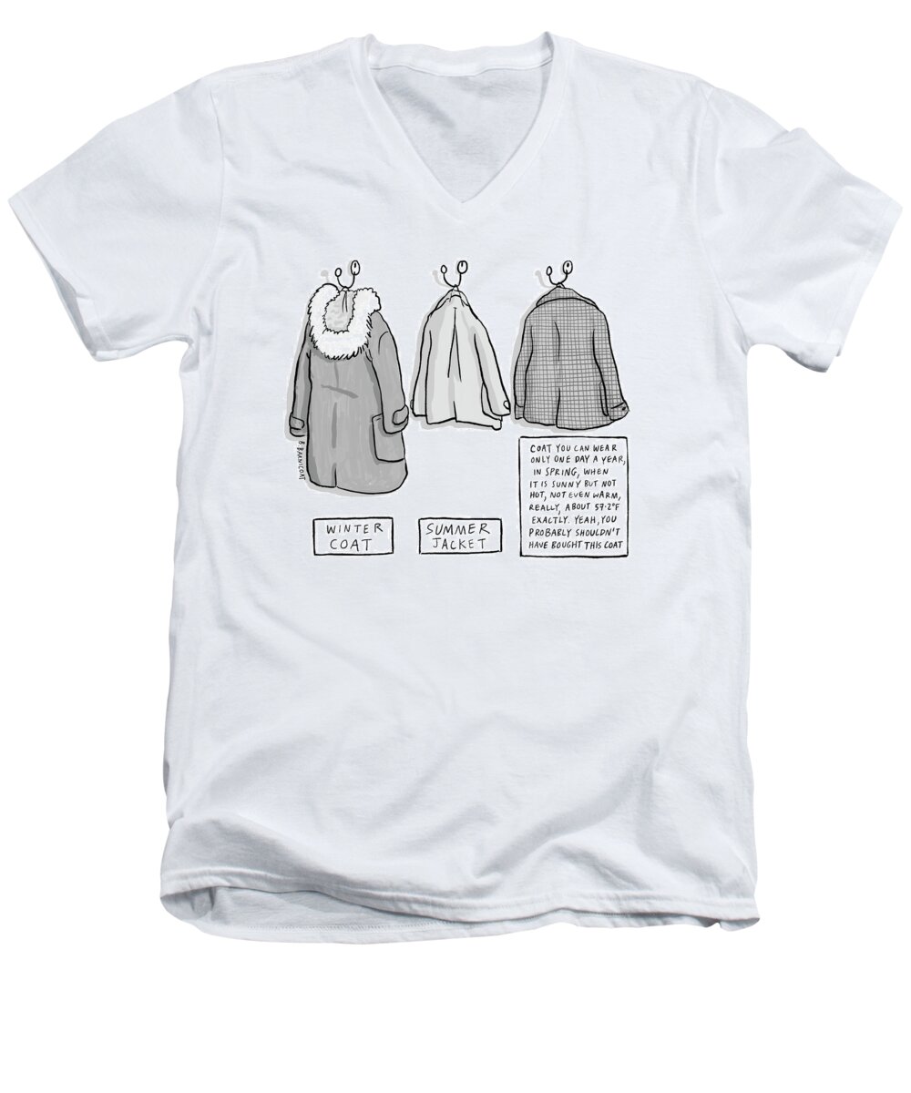 Captionless Men's V-Neck T-Shirt featuring the drawing Trans-Seasonal Coat by Becky Barnicoat