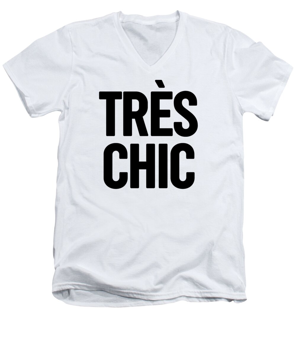 Tres Chic Men's V-Neck T-Shirt featuring the mixed media Tres Chic - Fashion - Classy, Bold, Minimal Black and White Typography Print - 1 by Studio Grafiikka