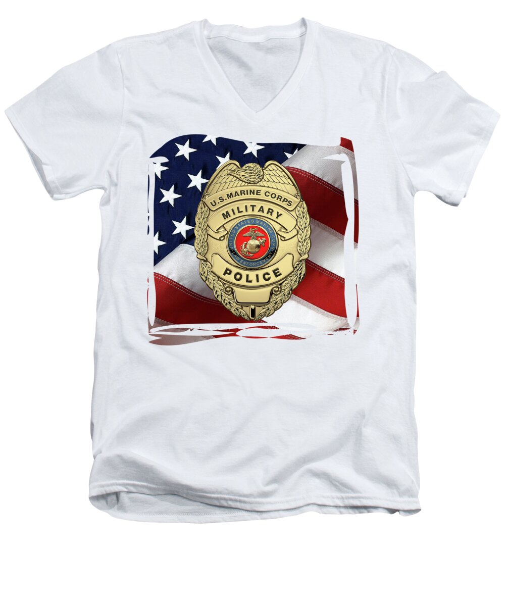 'military Insignia & Heraldry' Collection By Serge Averbukh Men's V-Neck T-Shirt featuring the digital art U. S. Marine Corps Military Police - U S M C M P Legacy Badge over American Flag by Serge Averbukh