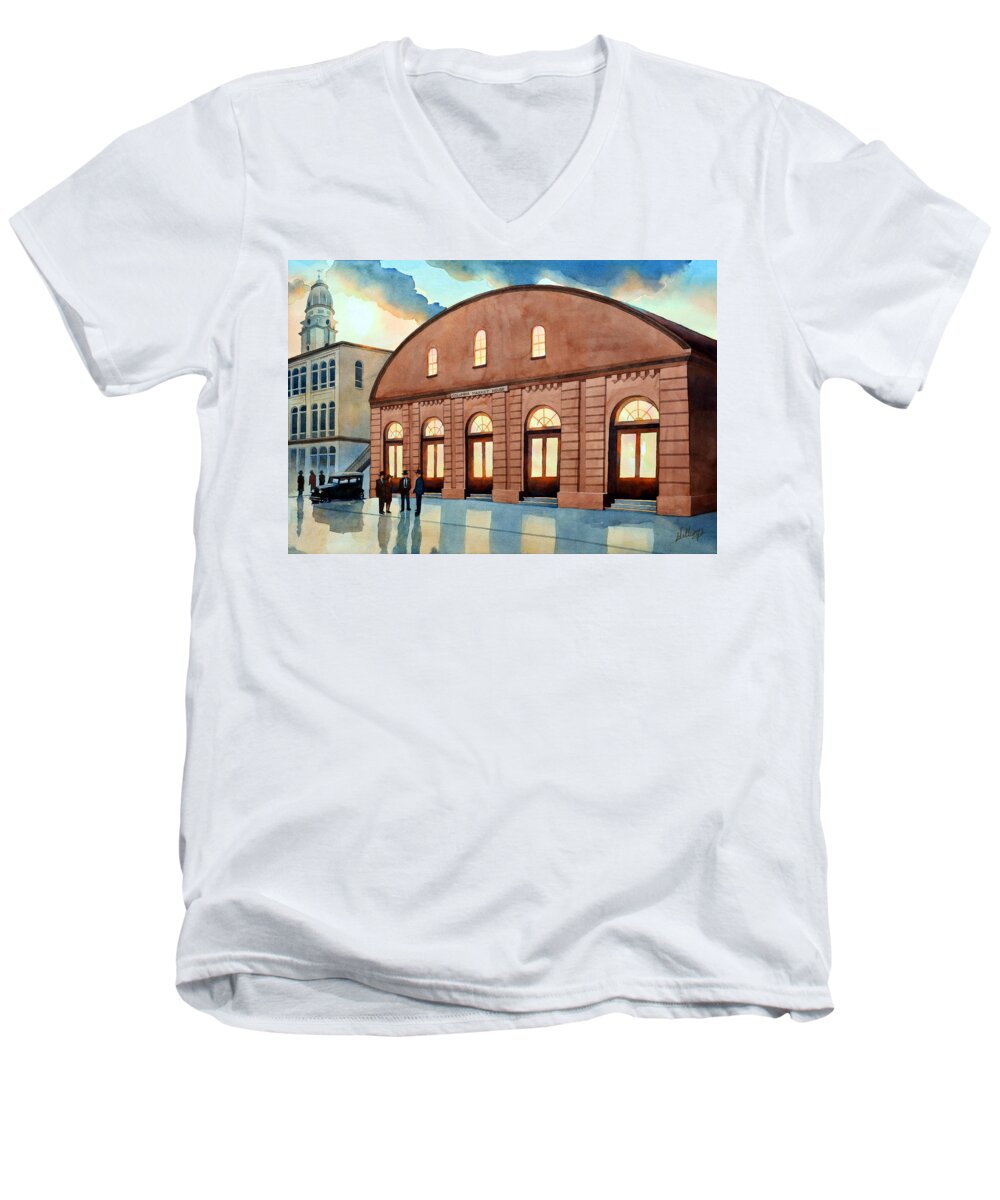 Columbia Pa Men's V-Neck T-Shirt featuring the painting Vintage Color Columbia Market House by Mick Williams