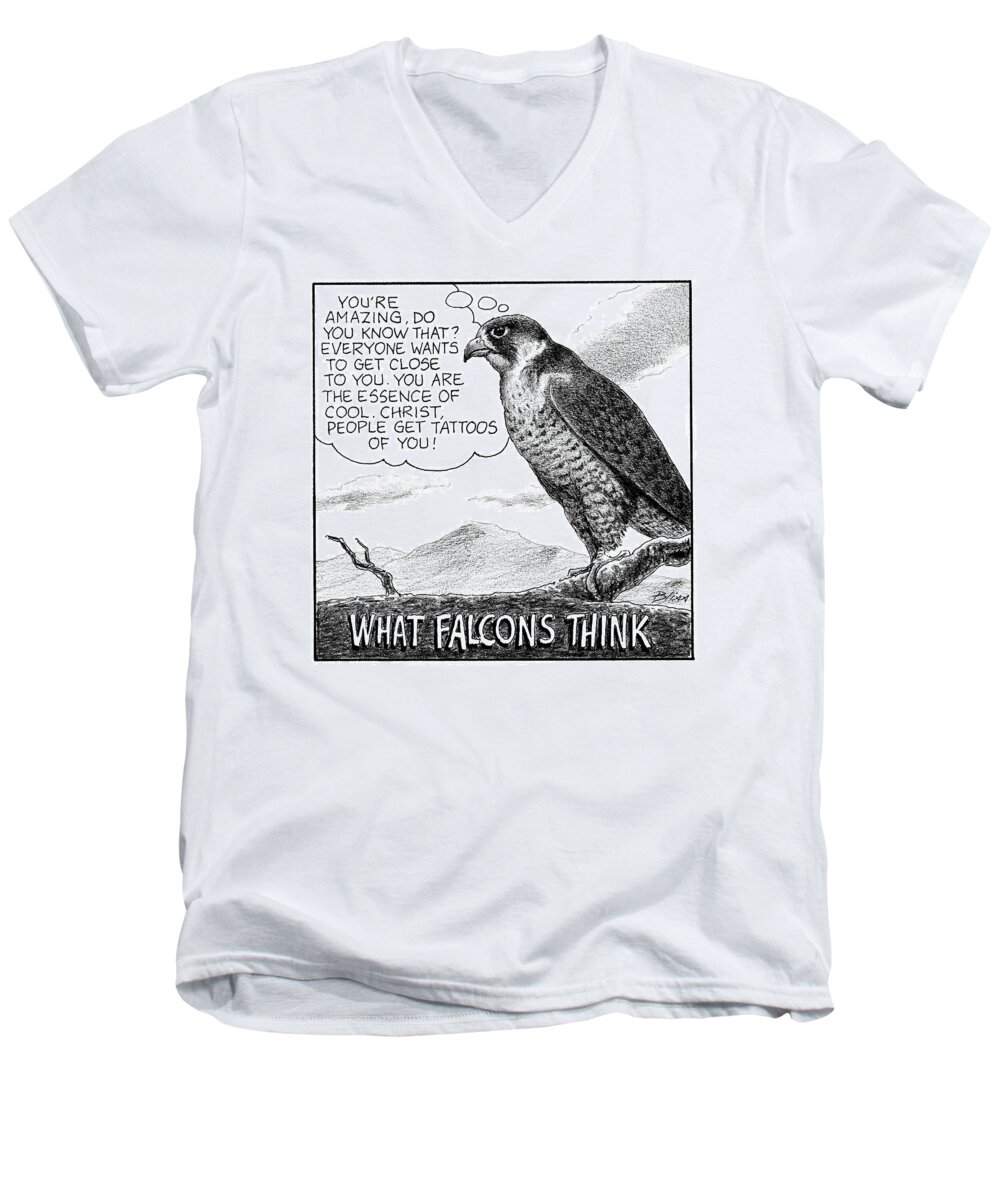 What Falcons Think Falcon Men's V-Neck T-Shirt featuring the drawing What Falcons Think by Harry Bliss