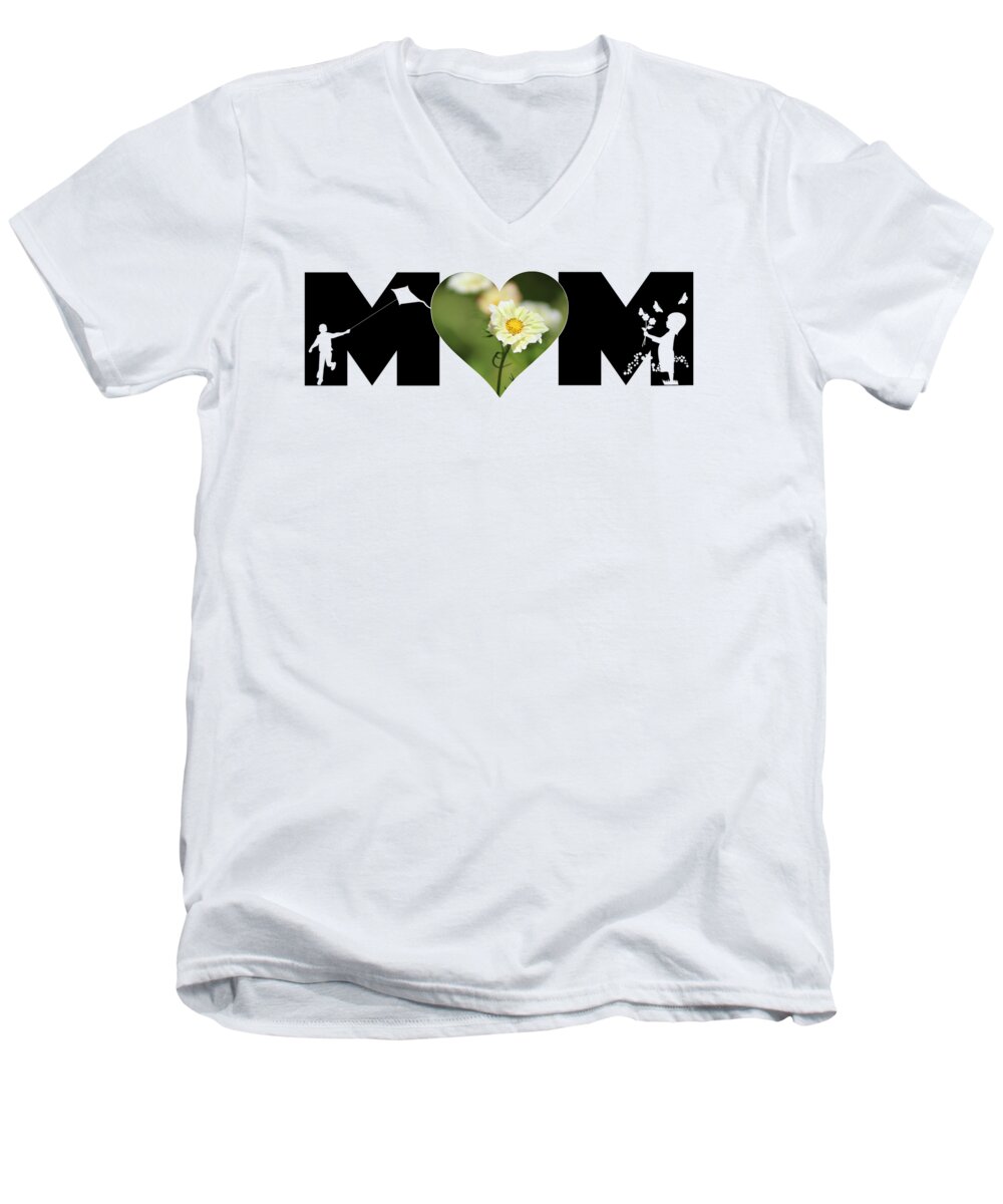 Mom Men's V-Neck T-Shirt featuring the photograph White Cosmos in Heart with Little Girl and Boy MOM Big Letter by Colleen Cornelius